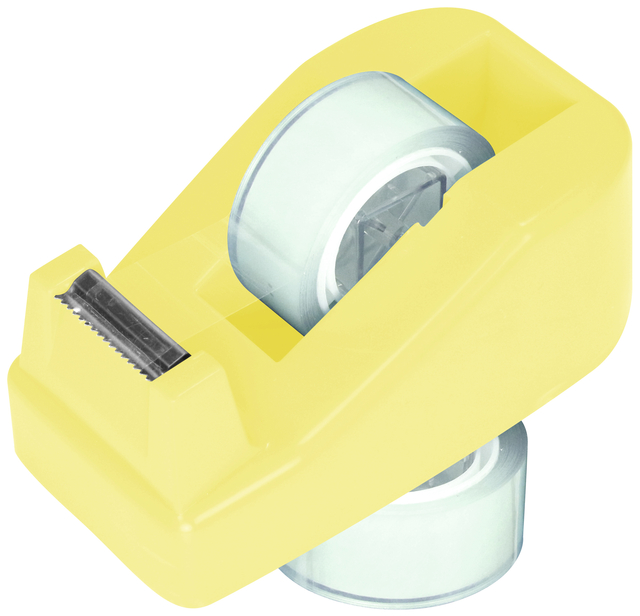 tape dispenser, geel, mini, helder plakband, snijrand