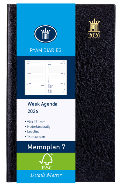 Agenda 2026 Ryam Memoplan 7 Suprema 7dagen/2pagina's zwart Agenda 2026 Ryam Memoplan 7 Suprema 7dagen/2pagina's zwart