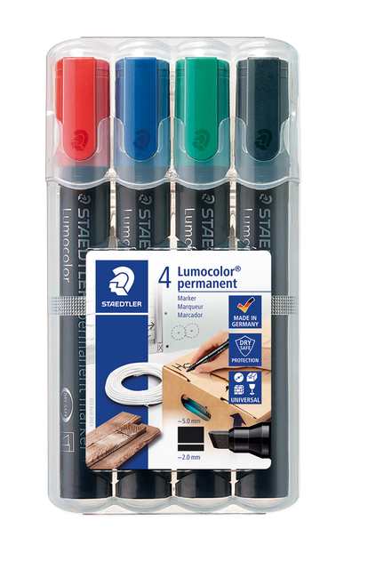 Viltstift Staedtler Lumocolor 350 permanent schuin set à 4 stuks assorti Viltstift Staedtler Lumocolor 350 permanent schuin set à 4 stuks assorti