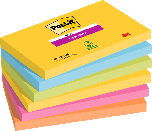 Memoblok Post-it 655 Super Sticky 76x127mm Carnival 6 stuks Memoblok Post-it 655 Super Sticky 76x127mm Carnival 6 stuks