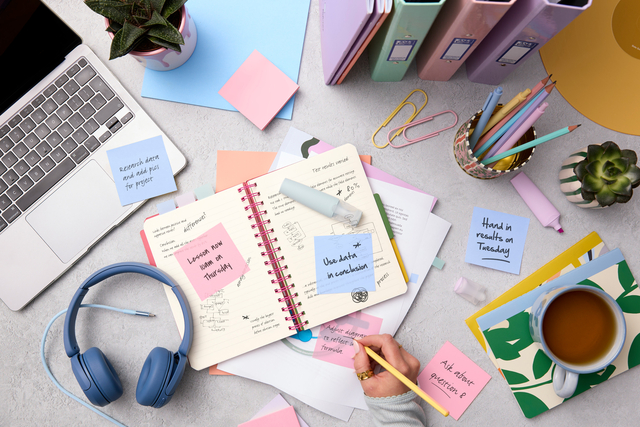 notebook, stationery, coffee, headphones, planner
