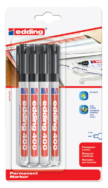 Viltstift edding 400 rond 1mm zwart blister à 4 stuks Viltstift edding 400 rond 1mm zwart blister à 4 stuks