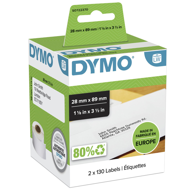 Etiket Dymo LabelWriter adressering 28x89mm 2 rollen á 130 stuks wit Etiket Dymo LabelWriter adressering 28x89mm 2 rollen á 130 stuks wit