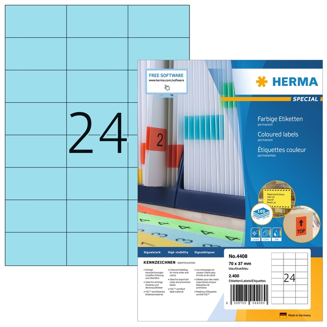 Etiket HERMA 4408 70x37mm blauw 2400 etiketten Etiket HERMA 4408 70x37mm blauw 2400 etiketten