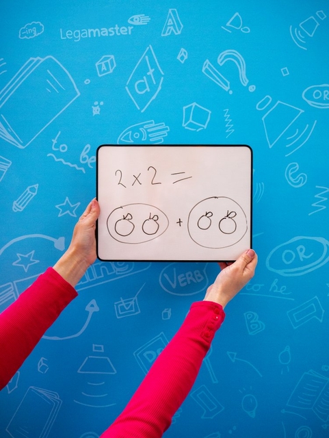 whiteboard, math, two by two, pair of circled numbers, blue backdrop