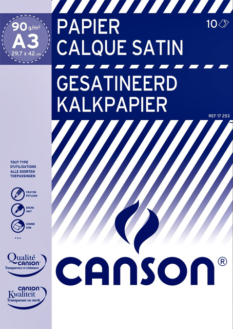 Kalkpapier Canson gesatineerd 10vel 90gr A3 doorschijnend Kalkpapier Canson gesatineerd 10vel 90gr A3 doorschijnend