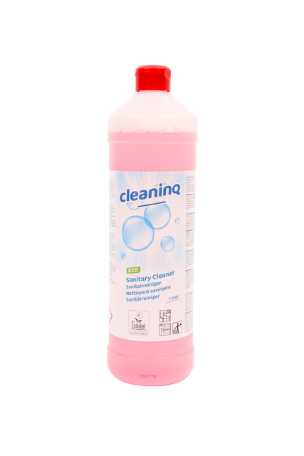 sanitairreiniger, grote fles, roze vloeistof, cleaning liquid, eco label