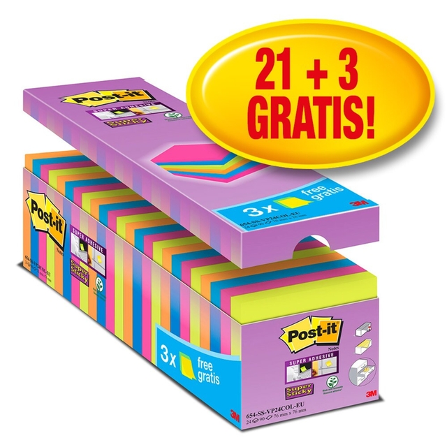 Memoblok Post-it 654 Super Sticky 76x76mm 21+3 gratis assorti Memoblok Post-it 654 Super Sticky 76x76mm 21+3 gratis assorti