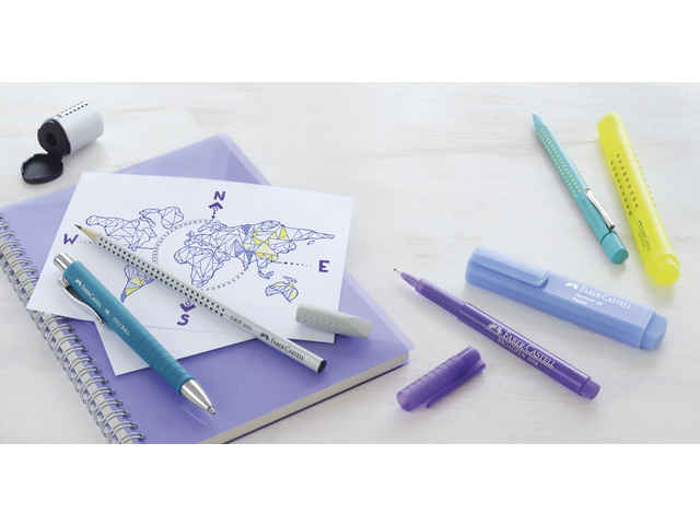 notebook, spiral notebook, markers, highlighter, world map illustration