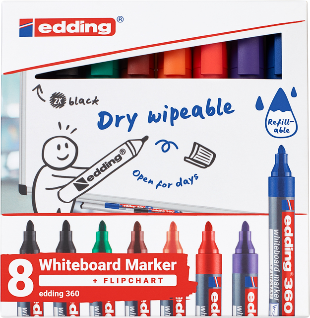 whiteboard marker, dry wipeable, 8 pieces, set, chisel tip