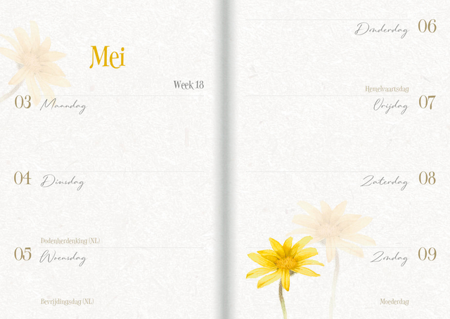 kalender, weekend, planten, gele bloem, bladeren