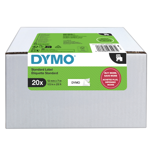 Labeltape Dymo LabelManager D1 polyester 12mmx7m wit op zwart  20 stuks