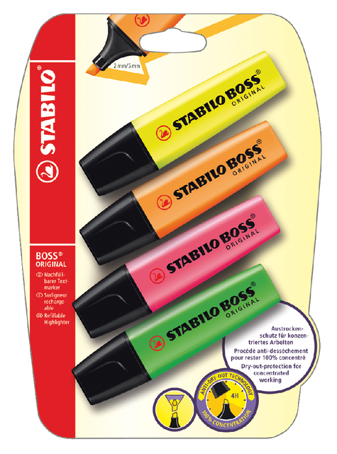 Markeerstift STABILO BOSS Original 70/4 assorti blister à 4 stuks Markeerstift STABILO BOSS Original 70/4 assorti blister à 4 stuks