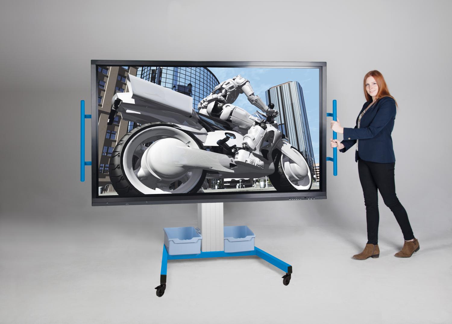 Elektrisch in hoogte verstelbare mobiele monitorstandaard Jolli in blauw met 50 cm slag Elektrisch in hoogte verstelbare mobiele monitorstandaard Jolli in blauw met 50 cm slag