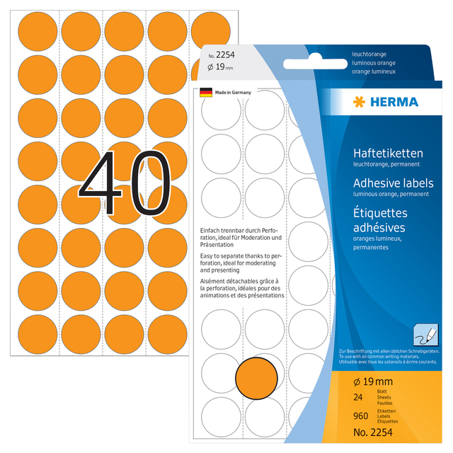 Etiket HERMA 2254 rond 19mm fluor oranje 960stuks
