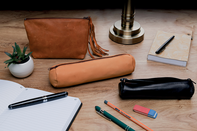 pencil case, coin purse, makeup bag, notebook, pens