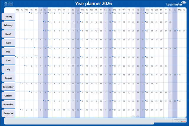 Jaarplanner 2026 Legamaster 90x60cm horizontaal gelamineerd en oprolbaar Engelstalig Jaarplanner 2026 Legamaster 90x60cm horizontaal gelamineerd en oprolbaar Engelstalig