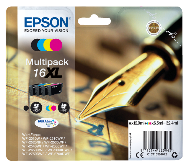 Inktcartridge Epson 16XL T1636 zwart + 3 kleuren Inktcartridge Epson 16XL T1636 zwart + 3 kleuren