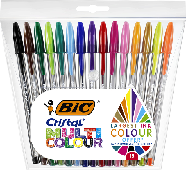 Balpen Bic Cristal large multicolour assorti 15 stuks Balpen Bic Cristal large multicolour assorti 15 stuks