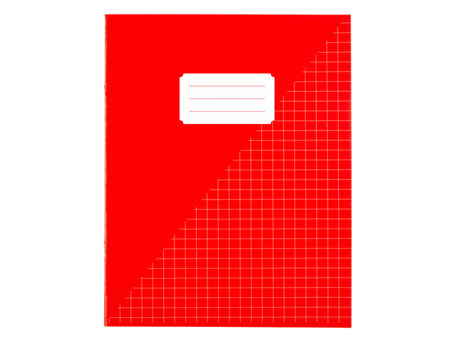 notebook, red cover, grid pattern, pocket label, lined pages