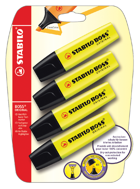 Markeerstift STABILO BOSS Original 70/24 geel blister à 4 stuks Markeerstift STABILO BOSS Original 70/24 geel blister à 4 stuks
