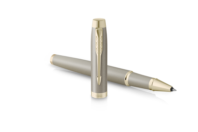 rollerball, vulpen, metallic, gouden accenten, zilveren/grijs lichaam