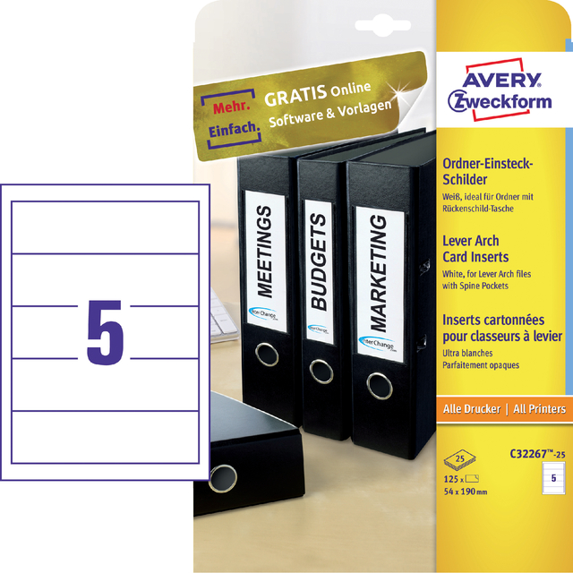 Rug-insteekkaart Avery Zweckform breed 54x190mm wit 25 vel Rug-insteekkaart Avery Zweckform breed 54x190mm wit 25 vel