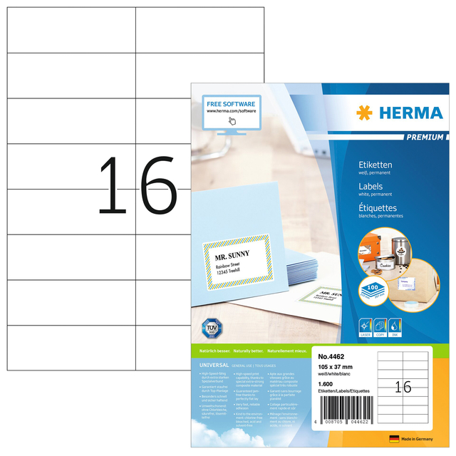 Etiket HERMA 4462 105x37mm premium wit 1600stuks Etiket HERMA 4462 105x37mm premium wit 1600stuks