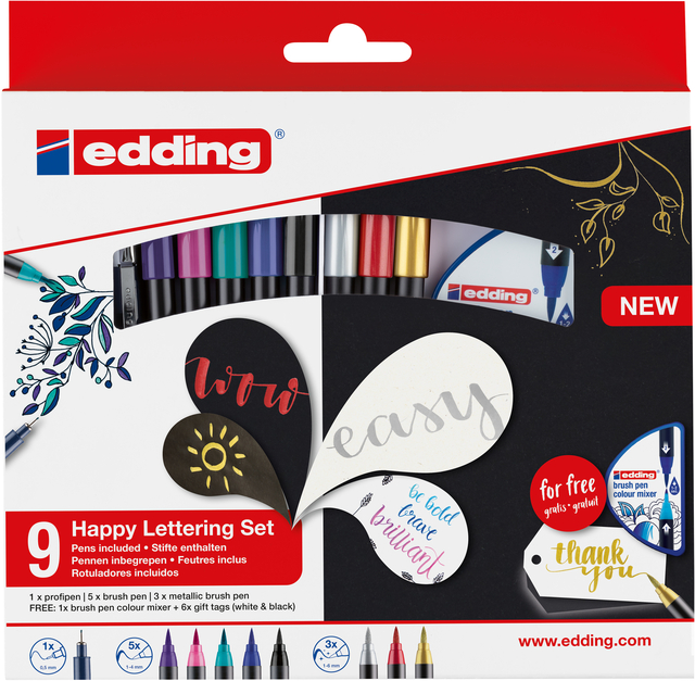 Brushpen edding 1340 Happy Lettering assorti set à 9 stuks Brushpen edding 1340 Happy Lettering assorti set à 9 stuks