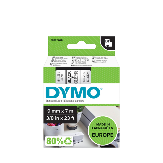 Labeltape Dymo LabelManager D1 polyester 9mm zwart op transparant Labeltape Dymo LabelManager D1 polyester 9mm zwart op transparant