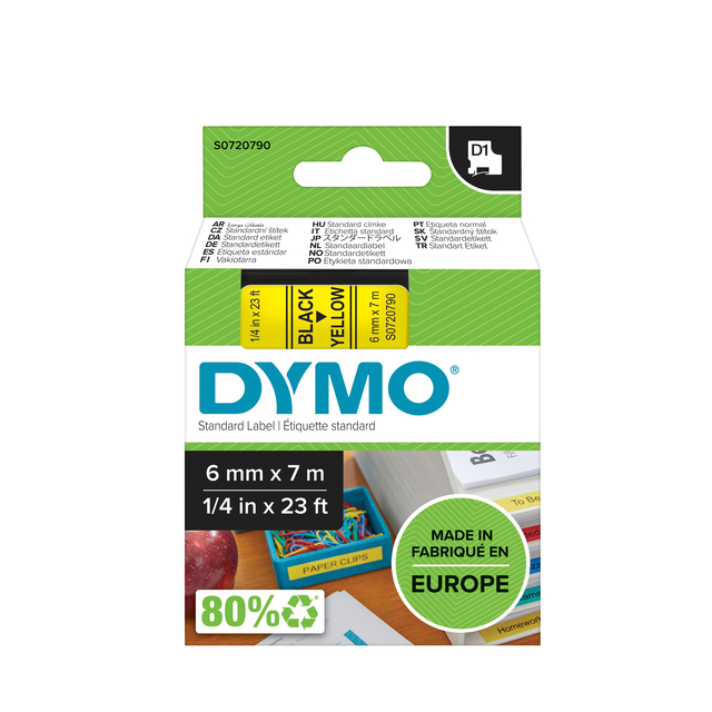 Labeltape Dymo LabelManager D1 polyester 6mm zwart op geel Labeltape Dymo LabelManager D1 polyester 6mm zwart op geel