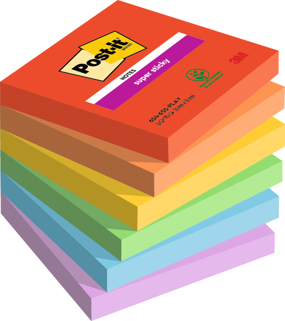 Memoblok Post-it 654 Super Sticky 76x76mm Playful 6 stuks Memoblok Post-it 654 Super Sticky 76x76mm Playful 6 stuks