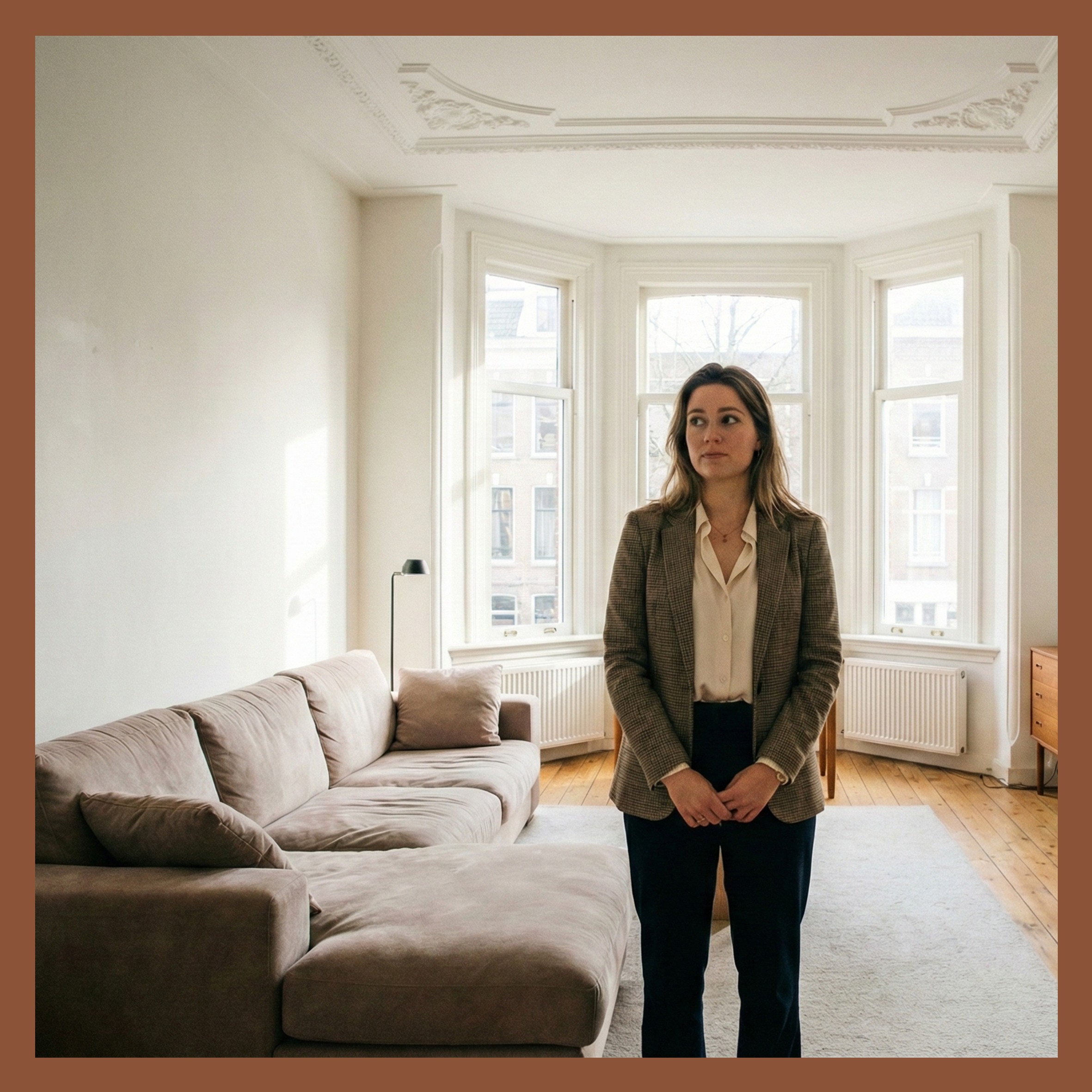 vrouw, blazer, broek, interieur, woonkamer