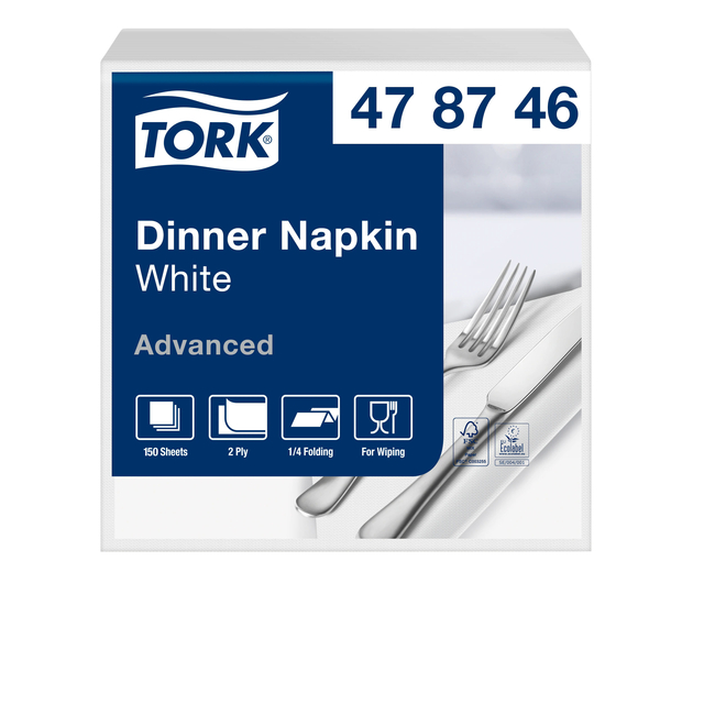 Dinerservet Tork Advanced 1/4 vouw 2-laags 395x390mm 150 vel wit 478746 Dinerservet Tork Advanced 1/4 vouw 2-laags 395x390mm 150 vel wit 478746