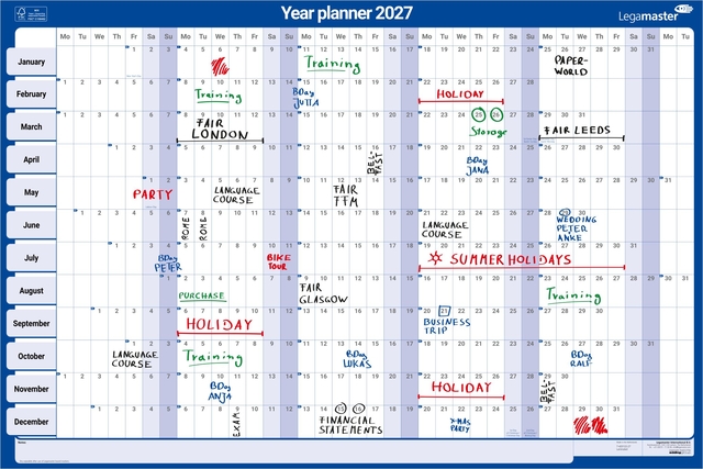 jaarplanner, 2027 kalender, papieren kalender, maandoverzicht, Legamaster