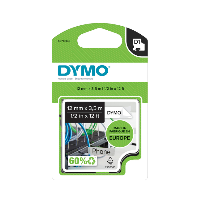 Labeltape Dymo LabelManager D1 nylon 12mm zwart op wit Labeltape Dymo LabelManager D1 nylon 12mm zwart op wit