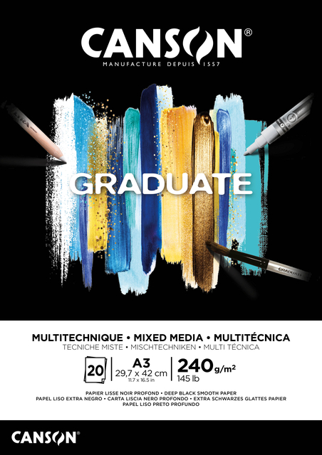 Mixed mediapapier Canson Graduate Mixed Media 20vel 240gr A3 zwart Mixed mediapapier Canson Graduate Mixed Media 20vel 240gr A3 zwart
