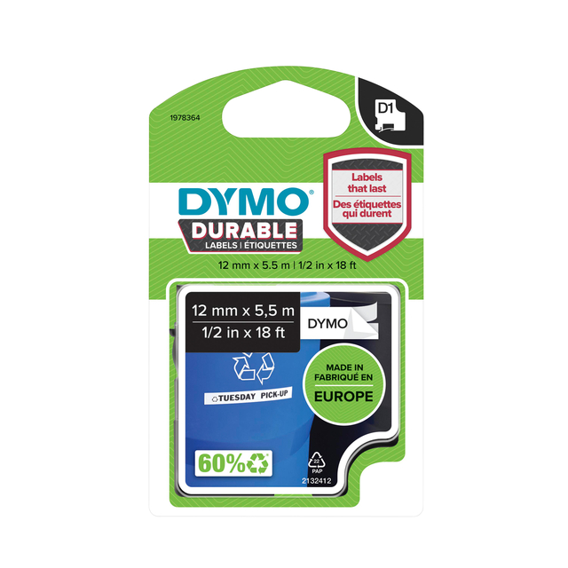 Labeltape Dymo LabelManager D1 polyester 12mm duurzaam zwart op wit Labeltape Dymo LabelManager D1 polyester 12mm duurzaam zwart op wit