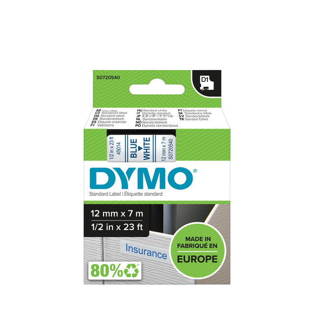 Labeltape Dymo LabelManager D1 polyester 12mm blauw op wit Labeltape Dymo LabelManager D1 polyester 12mm blauw op wit
