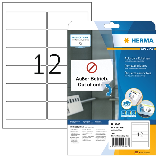 Etiket HERMA 4348 96x42.3mm wit 300 etiketten Etiket HERMA 4348 96x42.3mm wit 300 etiketten