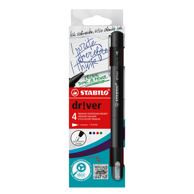Fineliner STABILO dr!ver fijn assorti 4 stuks Fineliner STABILO dr!ver fijn assorti 4 stuks