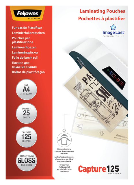 Lamineerhoes Fellowes A4 2x125micron glans 25 stuks Lamineerhoes Fellowes A4 2x125micron glans 25 stuks
