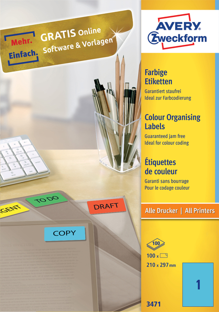 Etiket Avery Zweckform 3471 210x297mm A4 blauw 100stuks Etiket Avery Zweckform 3471 210x297mm A4 blauw 100stuks
