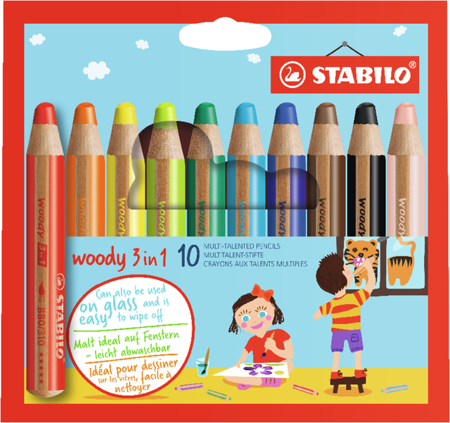 Kleurpotloden STABILO 880 woody 3 in 1 assorti etui à 10 stuks Kleurpotloden STABILO 880 woody 3 in 1 assorti etui à 10 stuks
