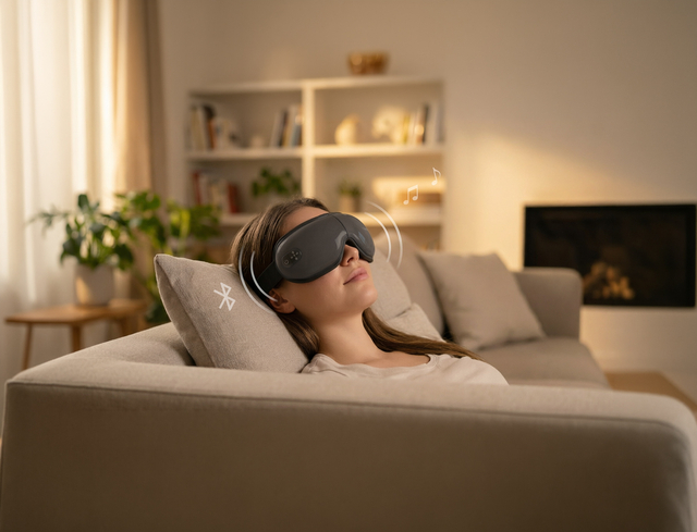 VR-bril, hoofdtelefoon met rust, massage, kveld ontspanning, neutraal design