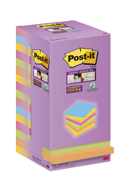 Memoblok Post-it Super Sticky 654 76x76mm color 16 stuks Memoblok Post-it Super Sticky 654 76x76mm color 16 stuks