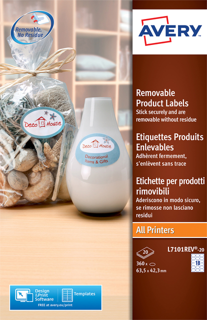 Etiket Avery L7101REV-20 63.5x42.3mm mat wit 360 etiketten Etiket Avery L7101REV-20 63.5x42.3mm mat wit 360 etiketten