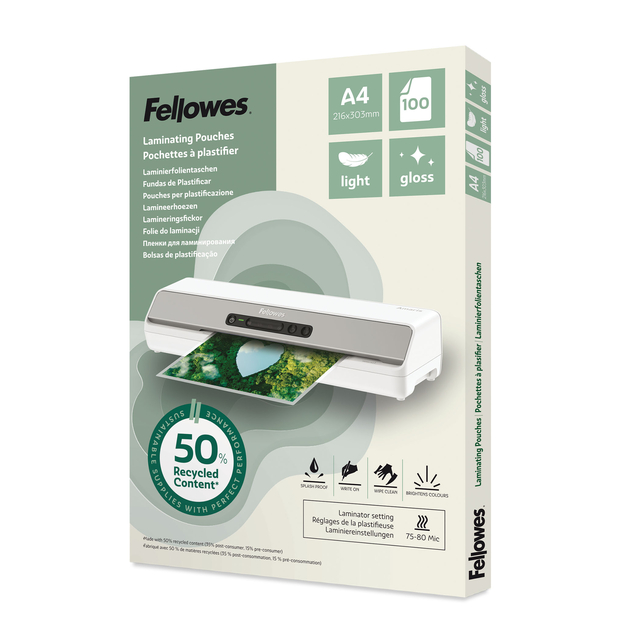 Lamineerhoes Fellowes A4 2x75micron recycled glans 100stuks
