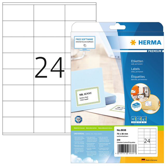Etiket HERMA 8638 70x36mm premium wit 240stuks Etiket HERMA 8638 70x36mm premium wit 240stuks