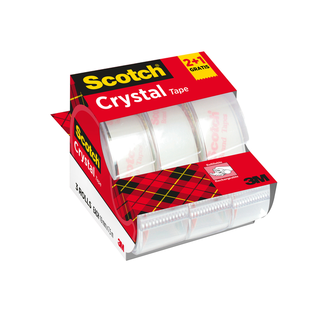 Plakband Scotch Crystal 600 19mmx7.5m transparant 2+1 gratis + handdispenser Plakband Scotch Crystal 600 19mmx7.5m transparant 2+1 gratis + handdispenser